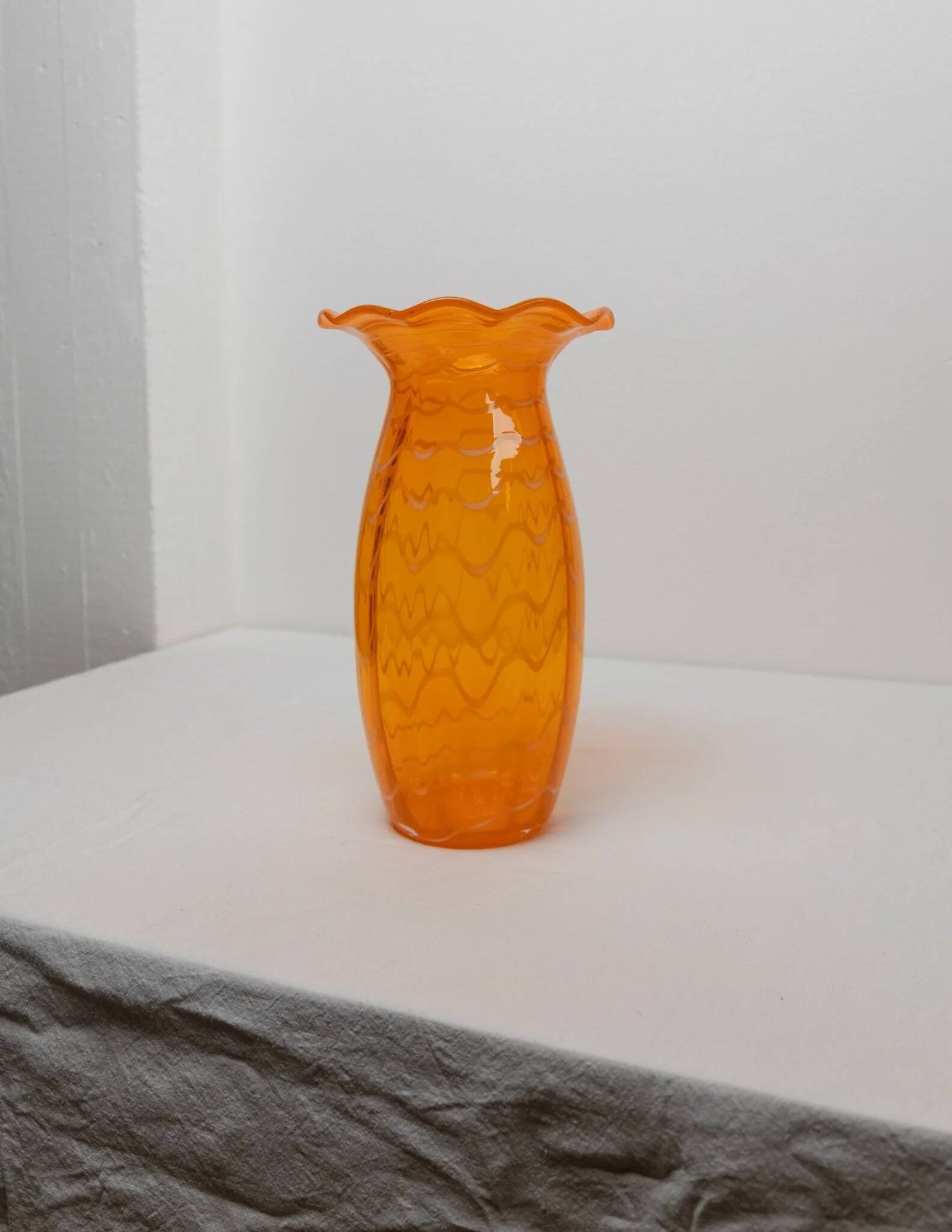 Orange Murano glass vase, XL 34cm, 1970s Italy, white stripes and wavy rim