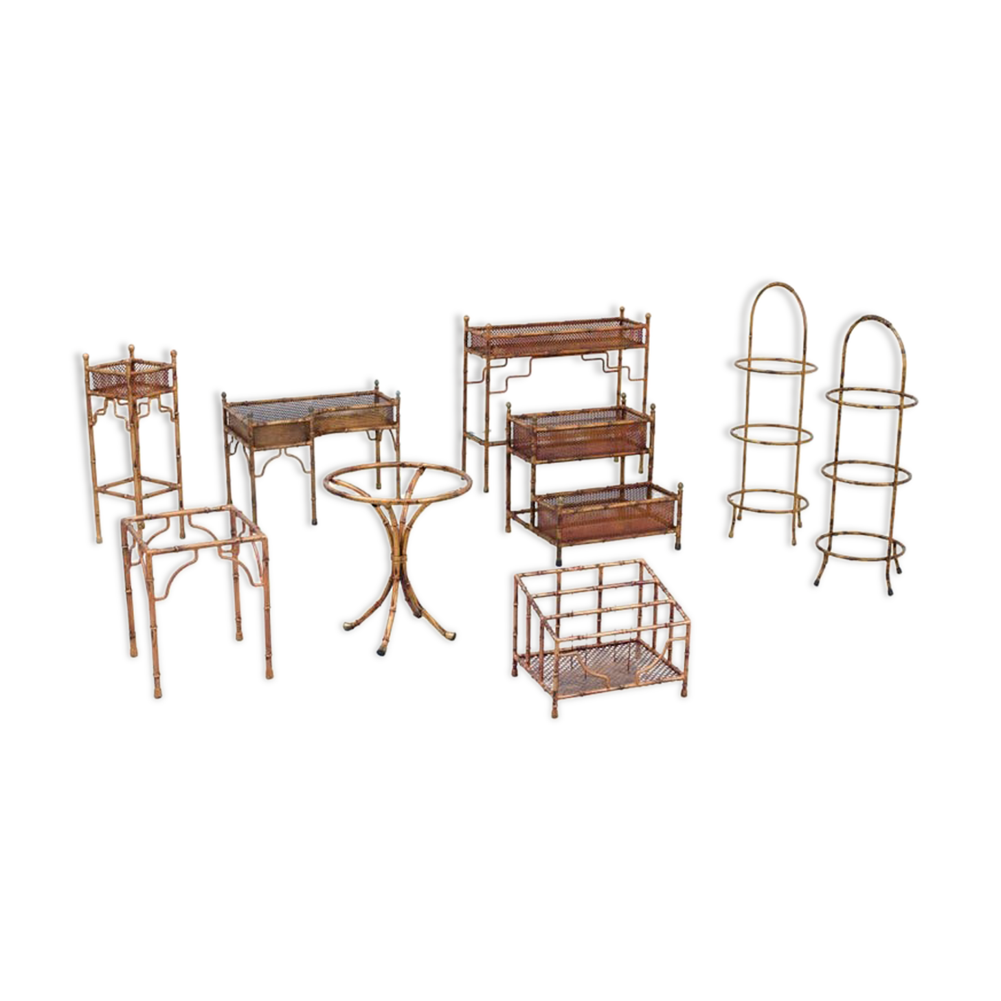 Set of 9 planters and small tables in faux bamboo with glass top, France, 1970s