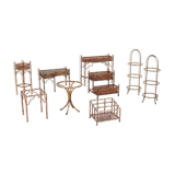 Set of 9 planters and small tables in faux bamboo with glass top, France, 1970s