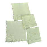 4 small tea towels, mismatched in linen, embroidered, two with flowers and two with fishermen