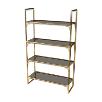 Italian bookshelf in golden metal with glass shelves