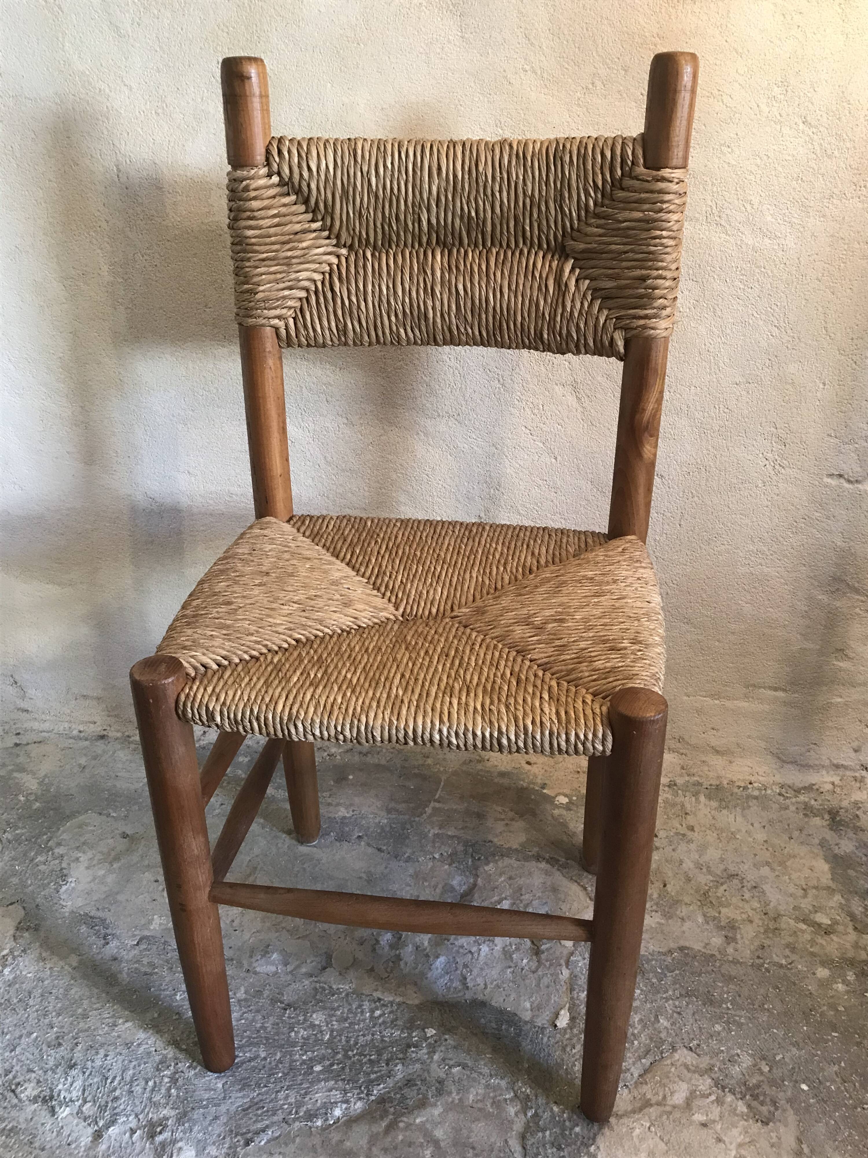 Brutalist vintage beech chair and mid-century straw