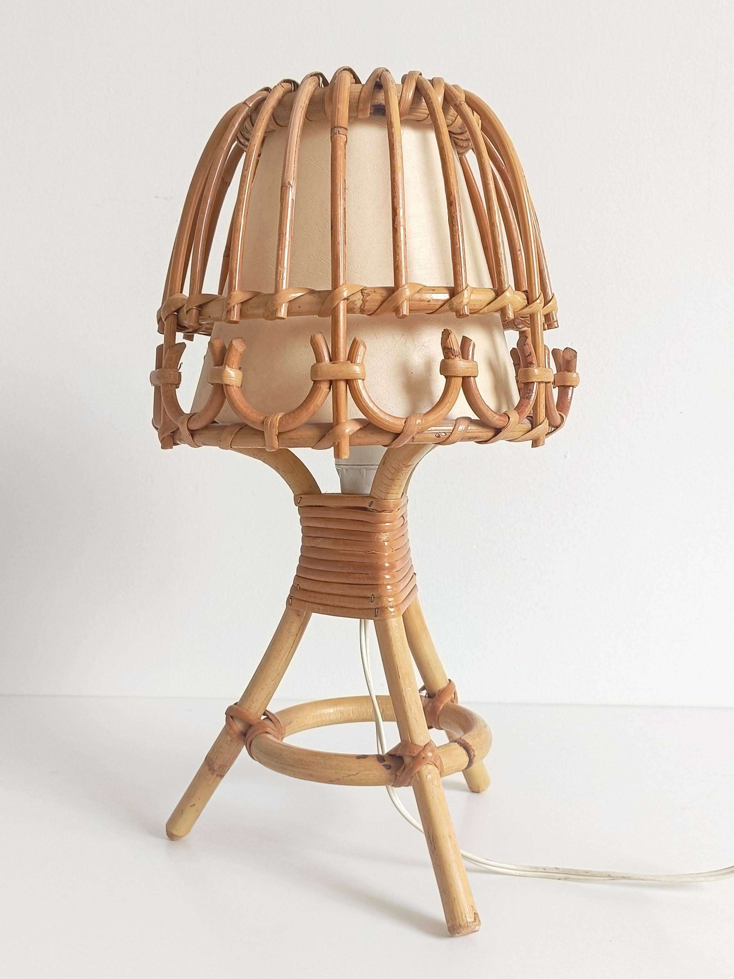 Midcentury Bamboo and Rattan Table Lamp, Attributed to Louis Sognot