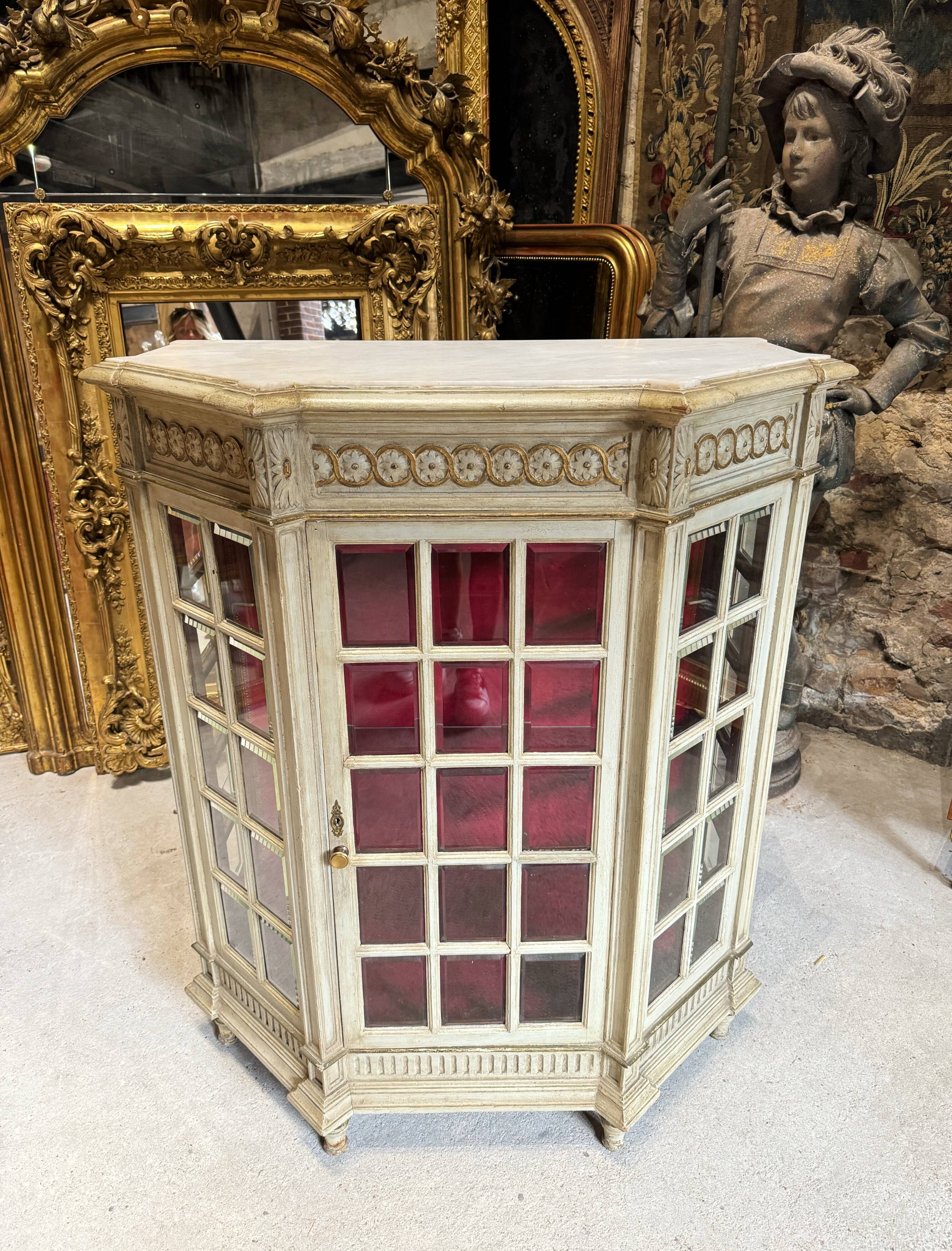 Napoleon III Period Display Cabinet in Painted Wood with Beveled Tiles in Louis XVI Style
