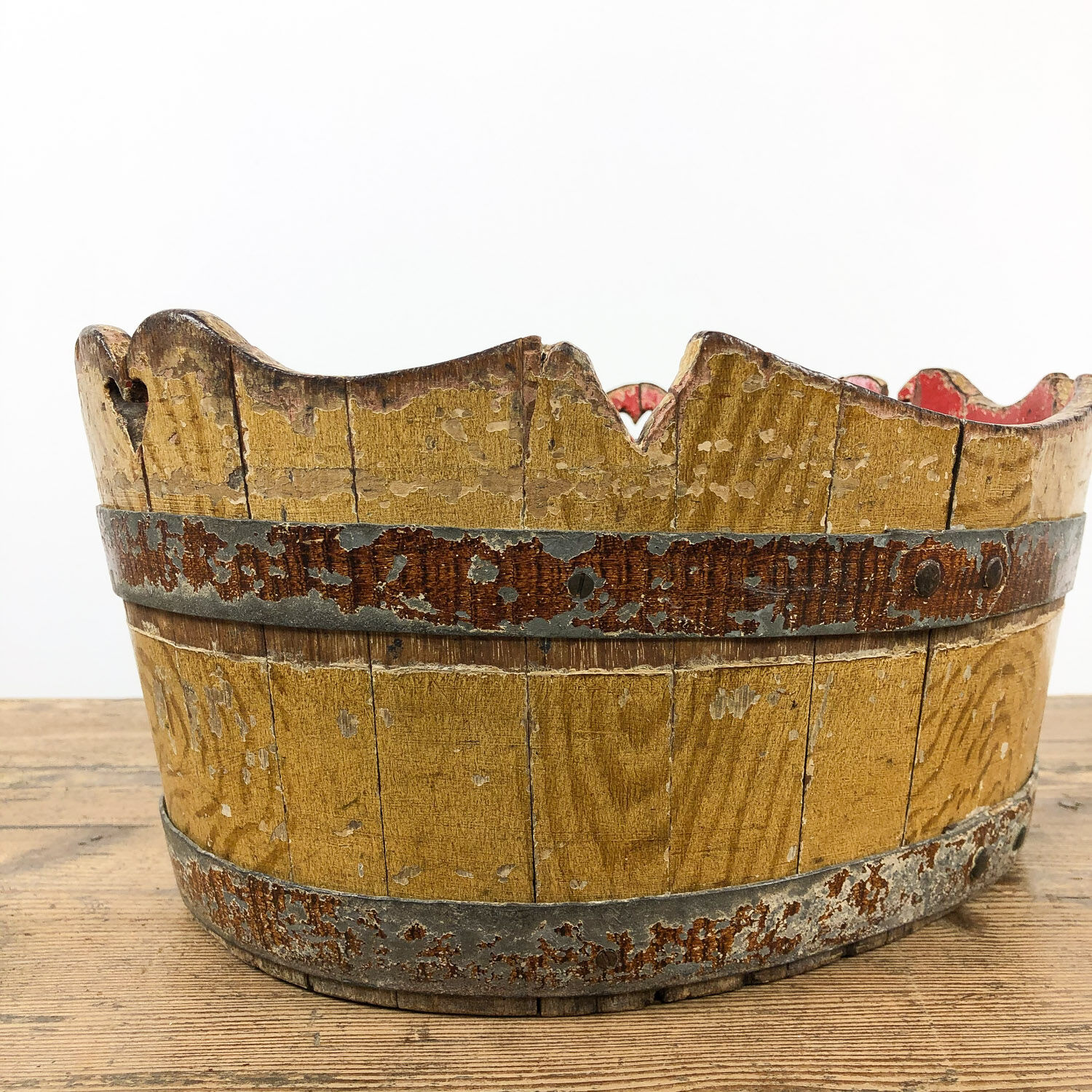 Antique cocked painted wooden bucket wash tub German Folk art