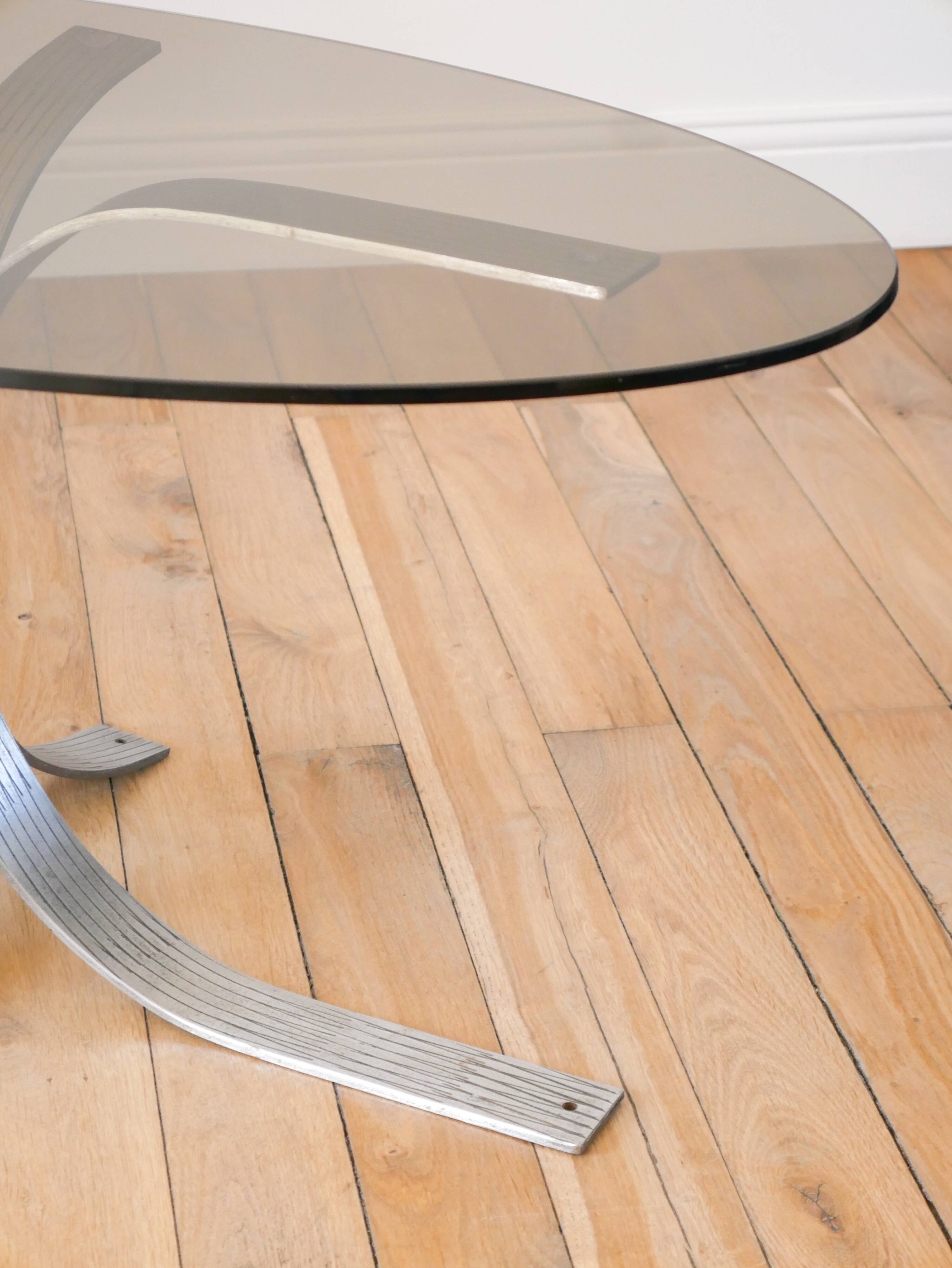 Oval coffee table in smoked glass and brushed steel, 1968