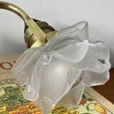 Swan neck wall light in brass with rose petal glass shade.
