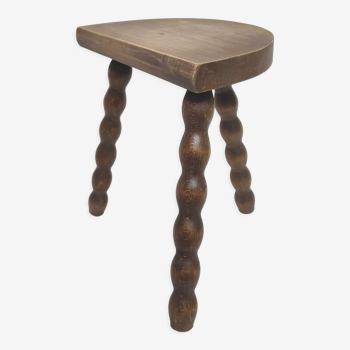 Tabouret vintage tripode en bois massif pieds perlés