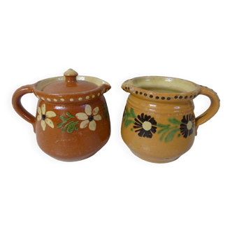 2 old Alsatian pots pitchers in glazed terracotta