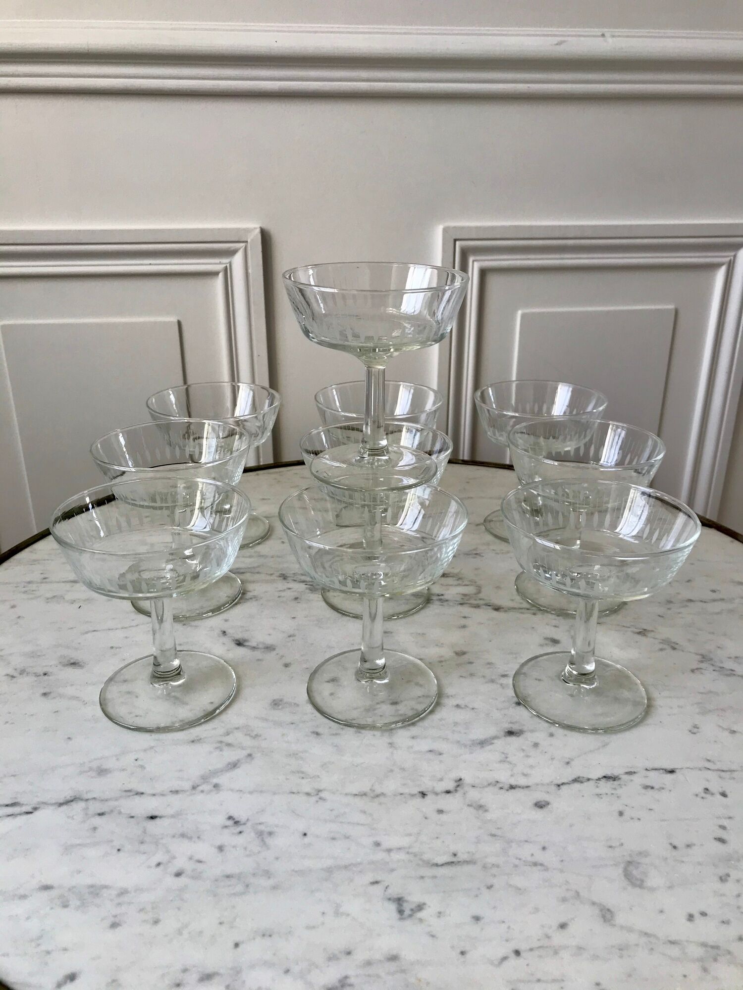 Lot de 10 coupes à champagne en verre cristallin années 50-60