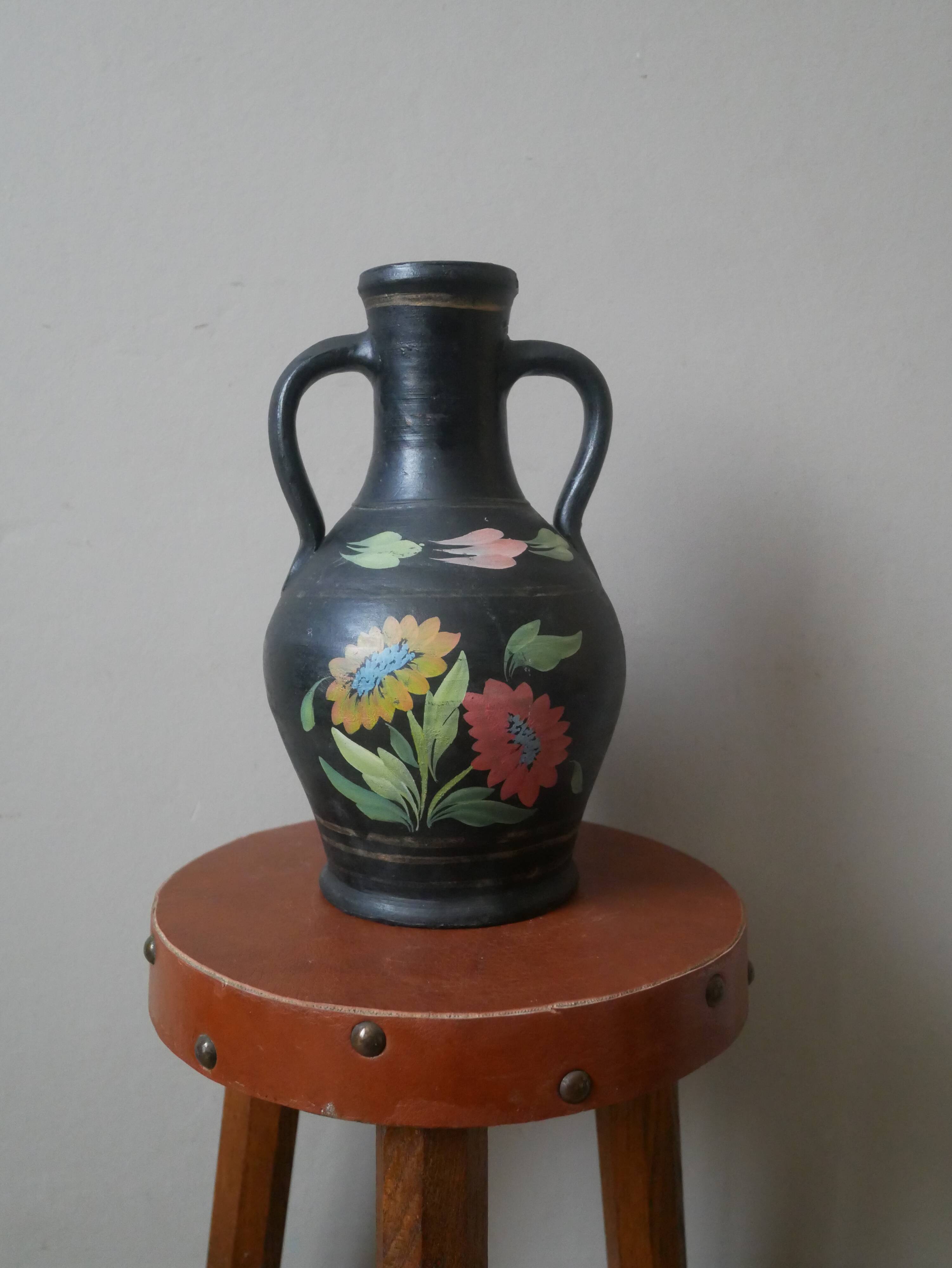 Handmade pottery vase with handles, handcrafted ceramics, antique countryside, floral decor