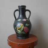 Handmade pottery vase with handles, handcrafted ceramics, antique countryside, floral decor
