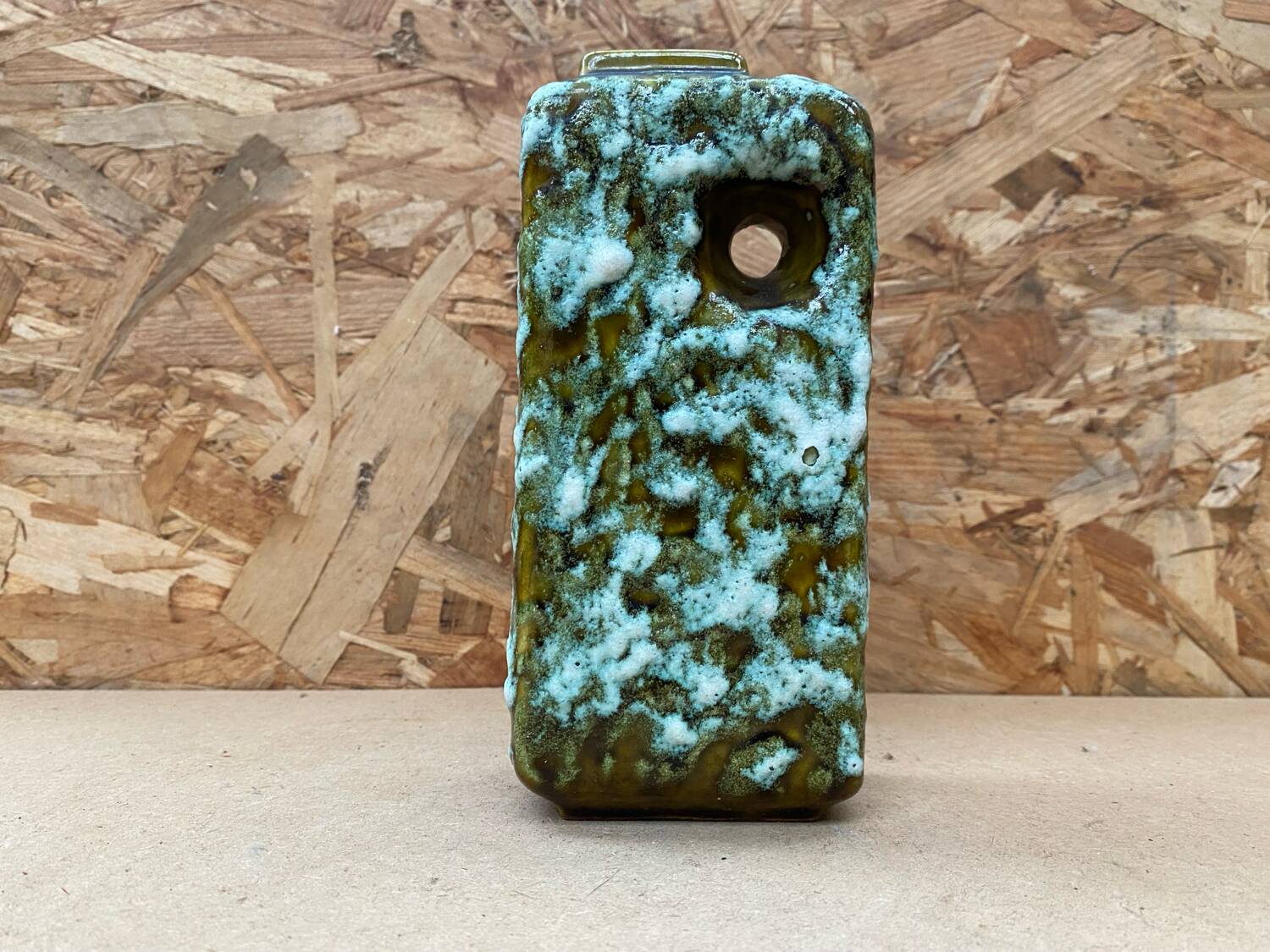 Ancien vase marei forme rectangle fat lava vert & blanc vintage
