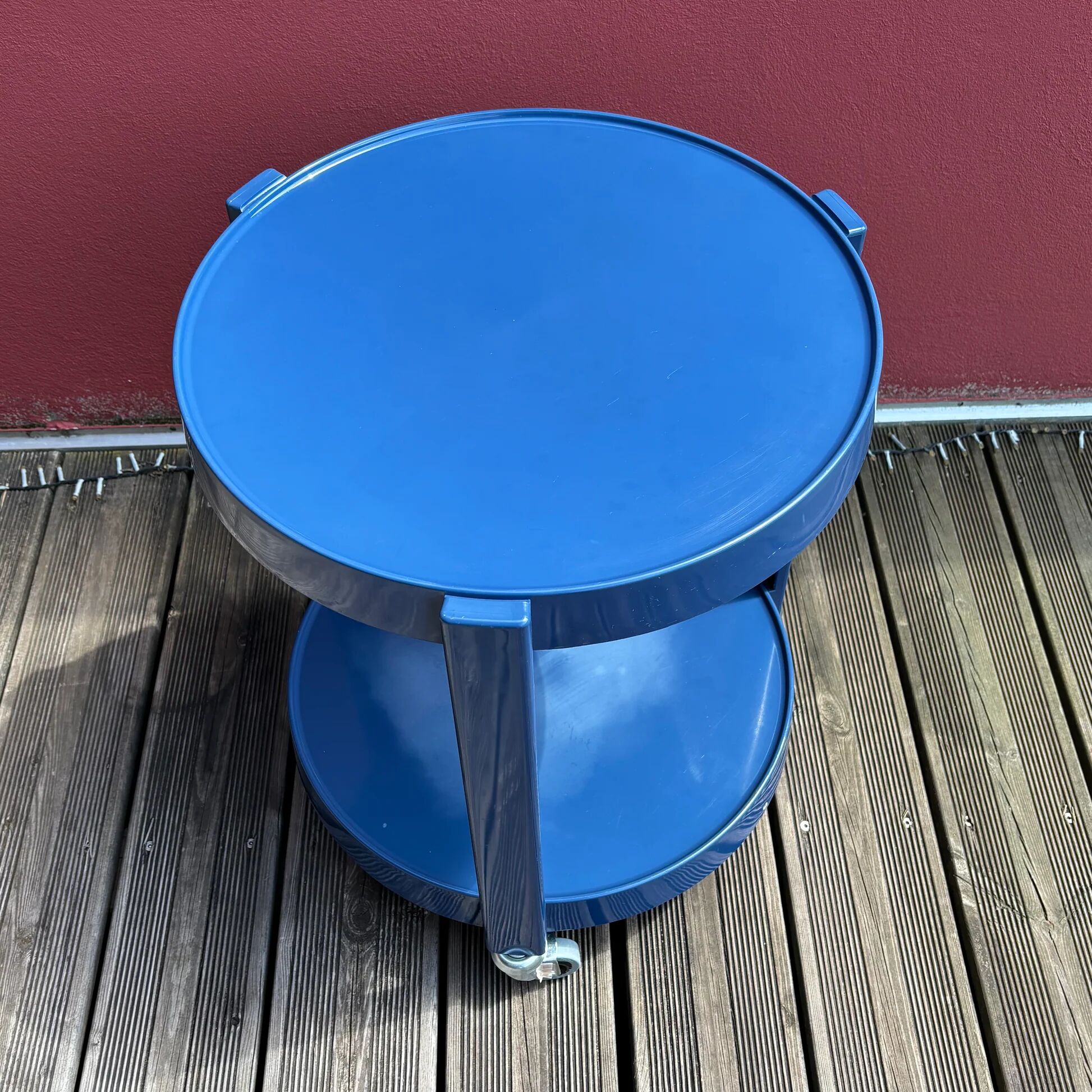 Space-age navy blue rolling dessert trolley