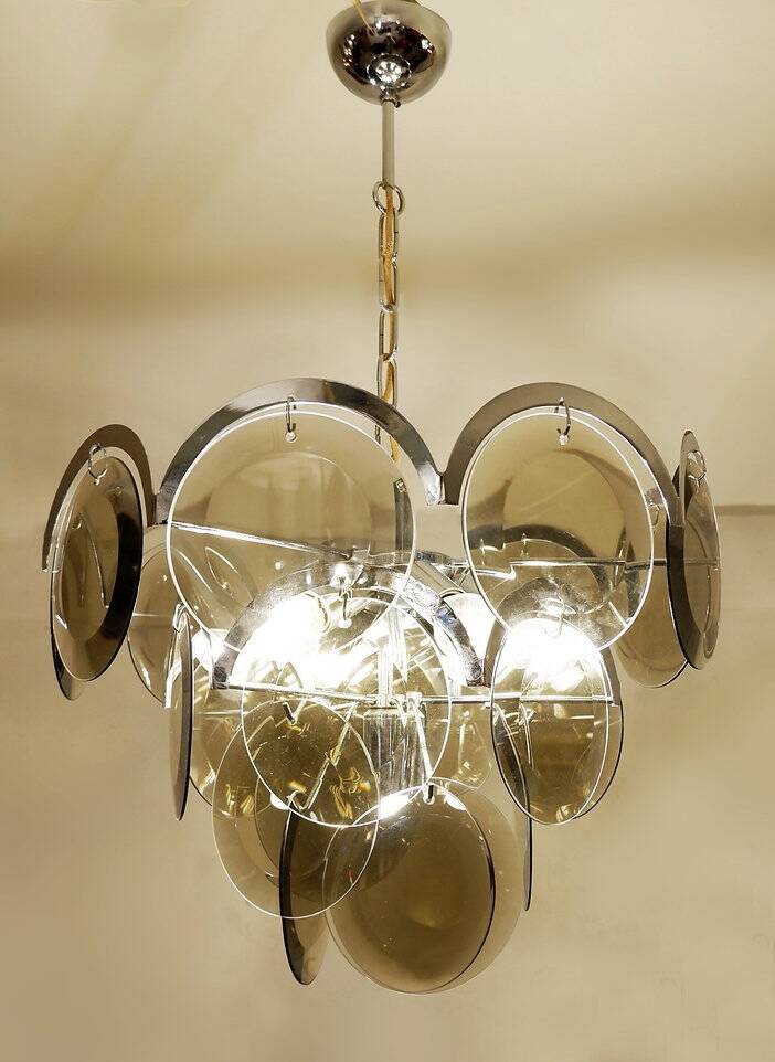Pair of Vistosi Smoked Glass Disc Chrome Chandeliers, Italy, 1970s
