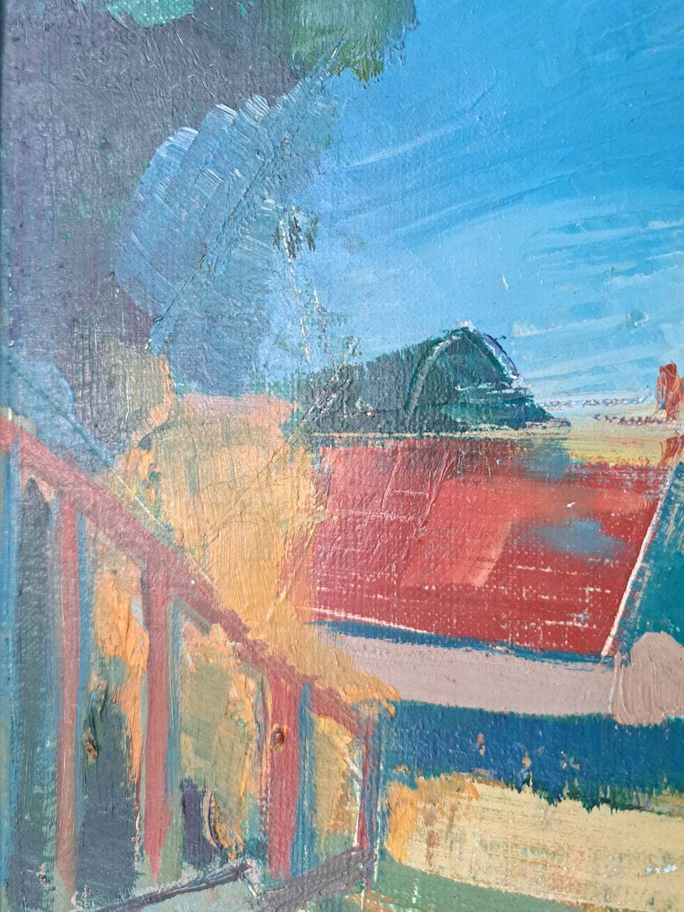 Oil painting on canvas signed Besacier — colourful village landscape