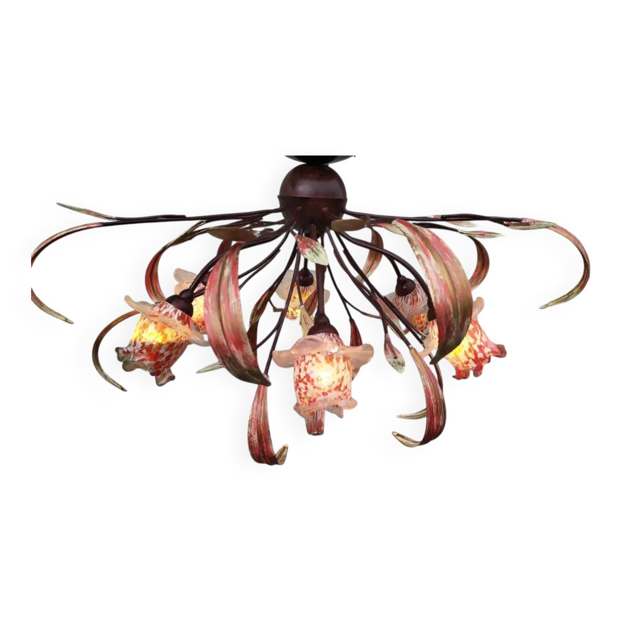 Lustre plafonnier rose fleurs verre soufflé floral