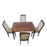 Table and four chairs set, brown wood, beige fabric, Denmark, 1970s.