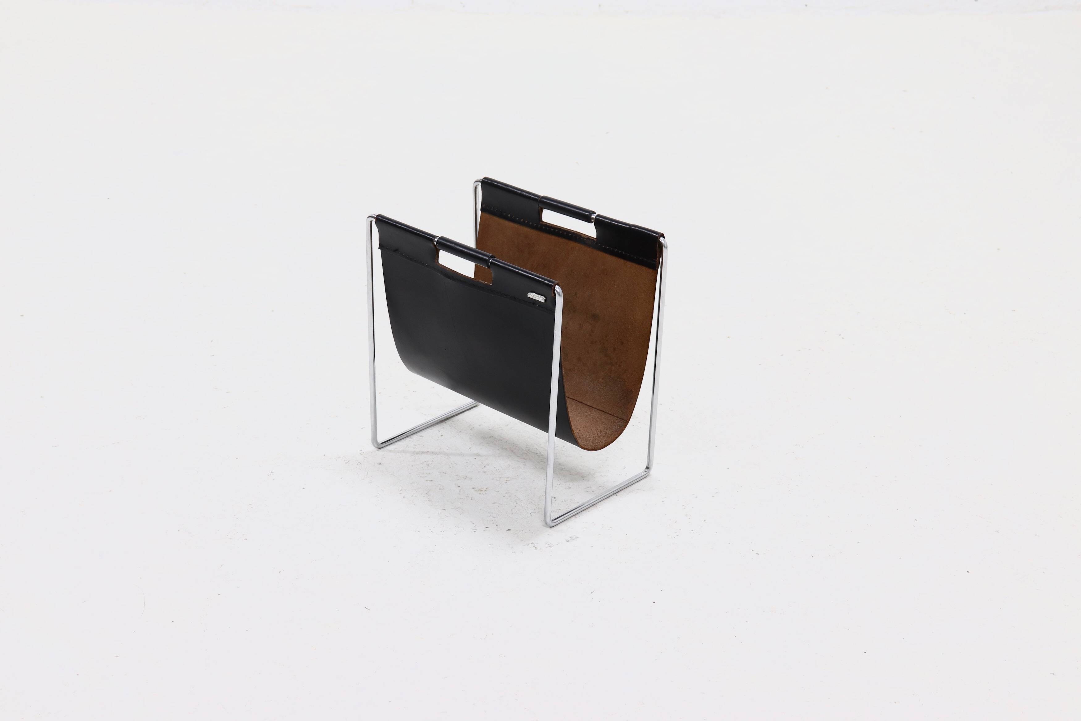 Vintage Brabantia Black Leather & Chrome Magazine Rack 1970s