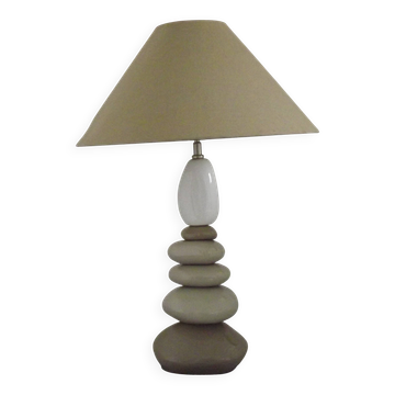 Grande lampe de table vintage des années 1990 en céramique marron et beige avec abat-jour