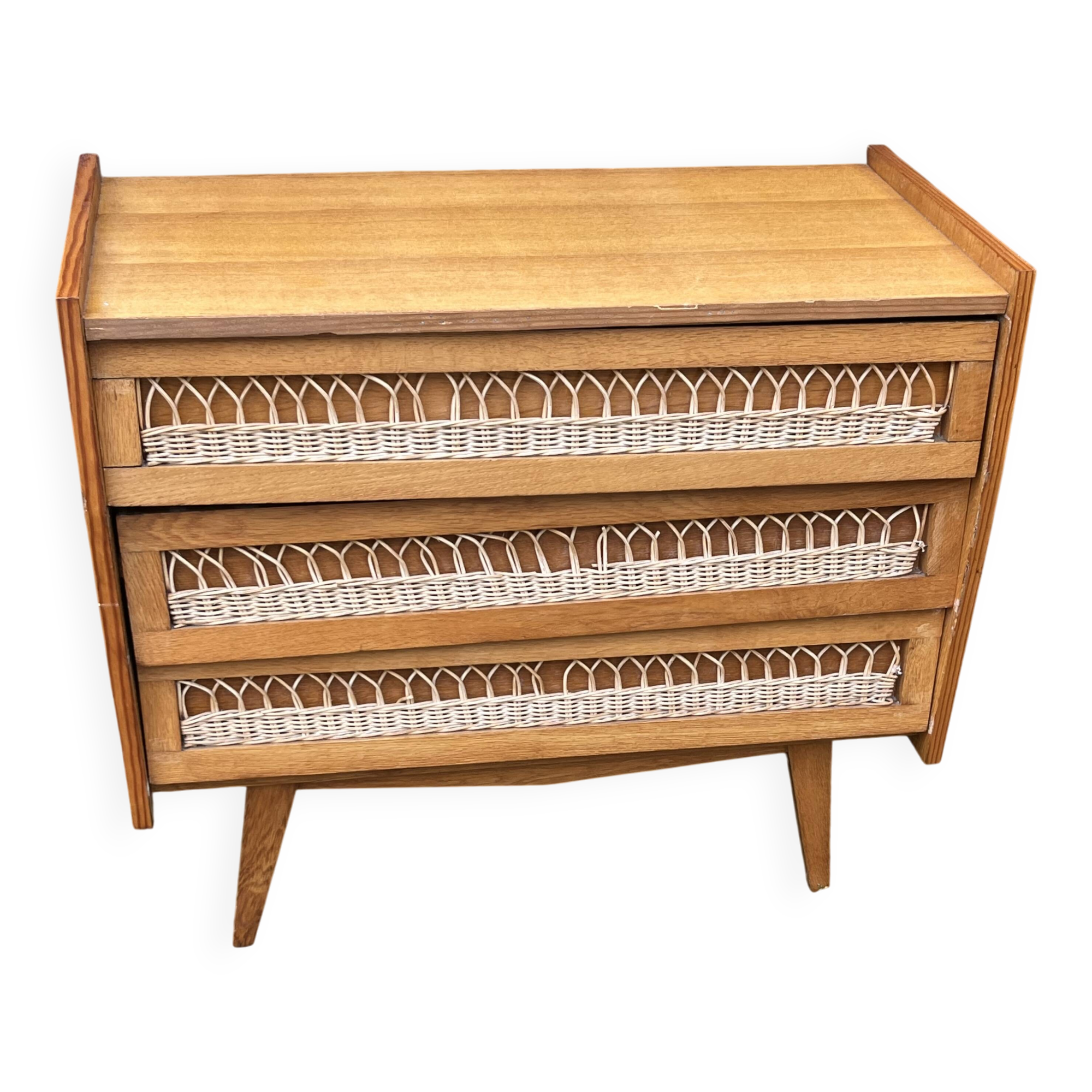 Rattan chest of drawers with tapered legs