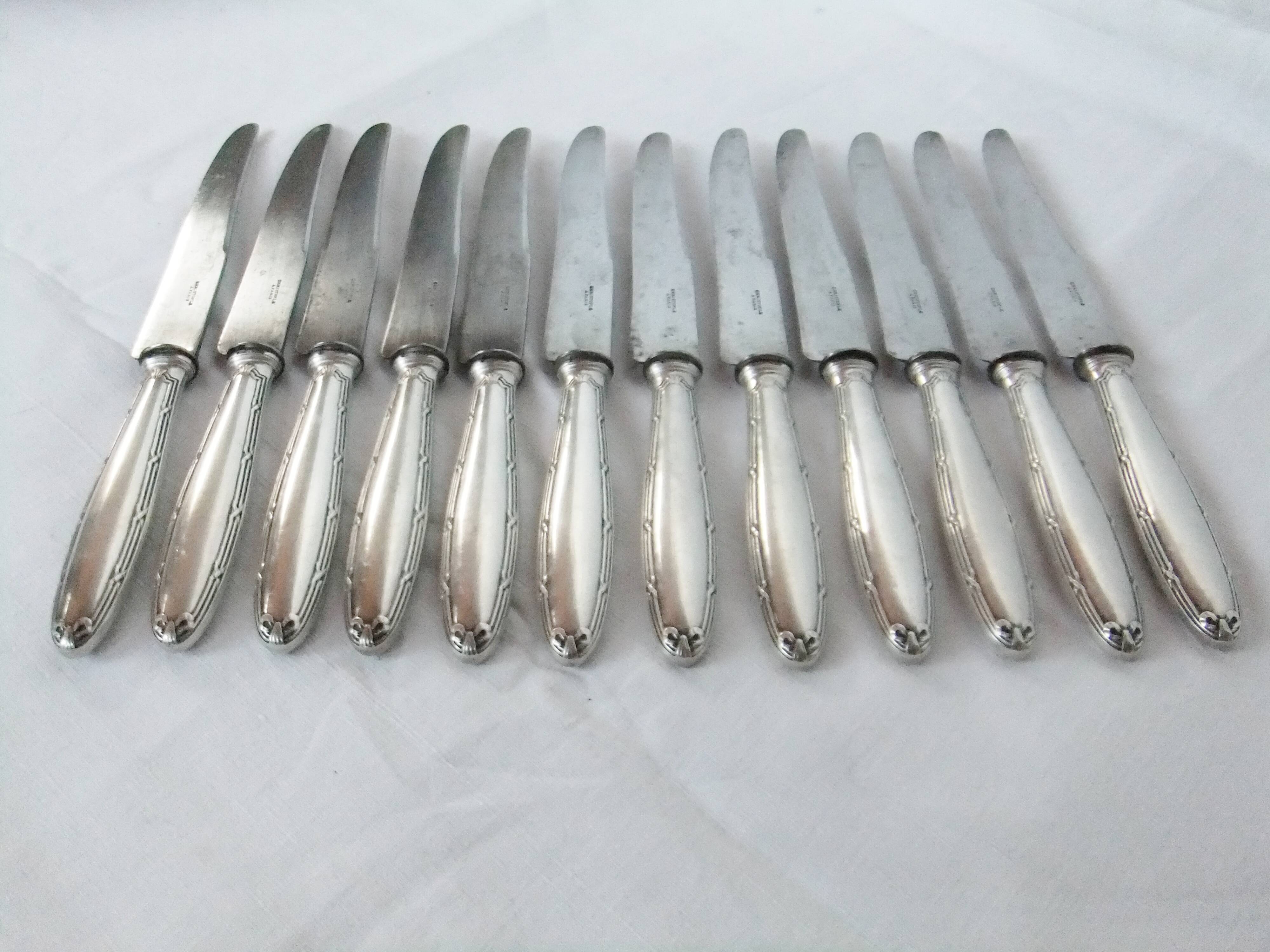 12 Christofle table knives Louis XVI bow ribbon Silver metal punch balance steel blade