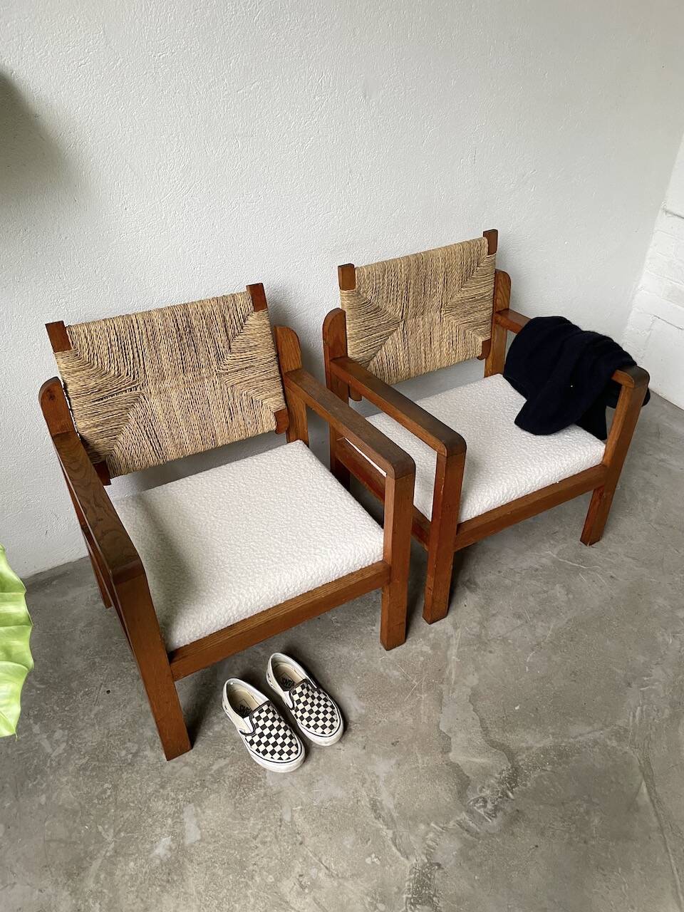 Pair of oak and straw armchairs, reconstruction style