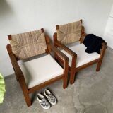 Pair of oak and straw armchairs, reconstruction style