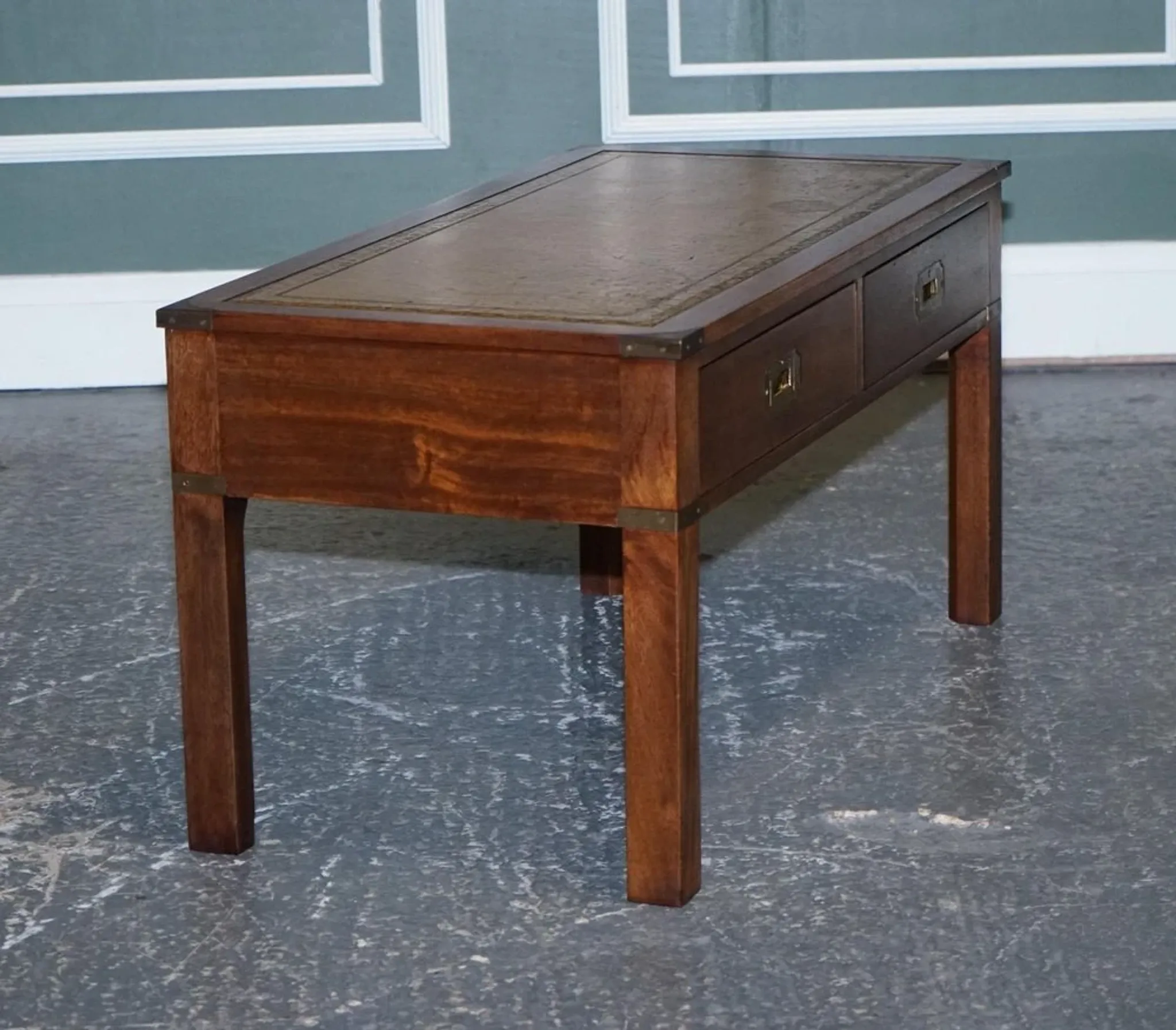 Coffee Table Military Campaign with Brown Leather Top from Harrods London