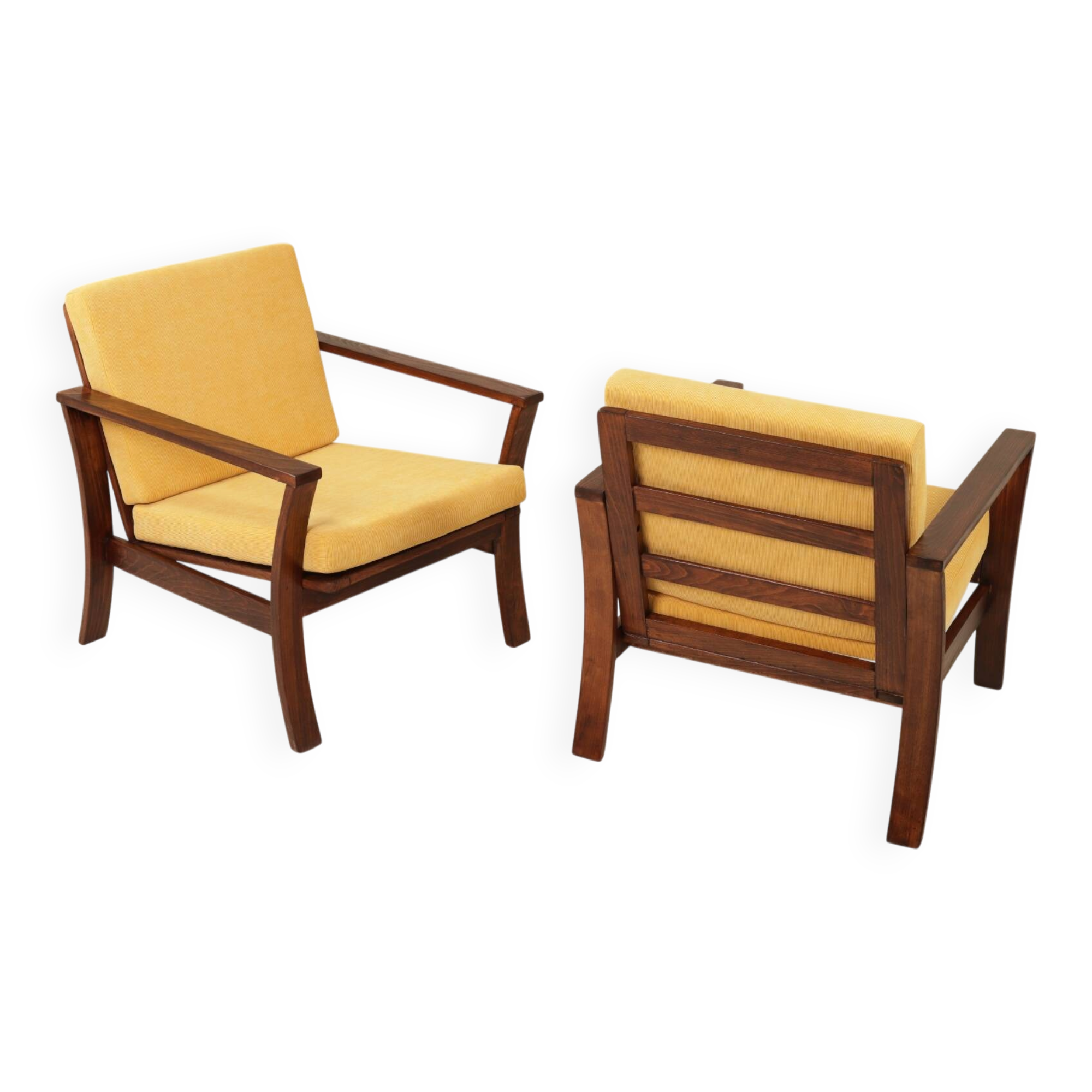 Pair of vintage curved beech armchairs, refurbished – Corduroy fabric