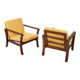 Pair of vintage curved beech armchairs, refurbished – Corduroy fabric