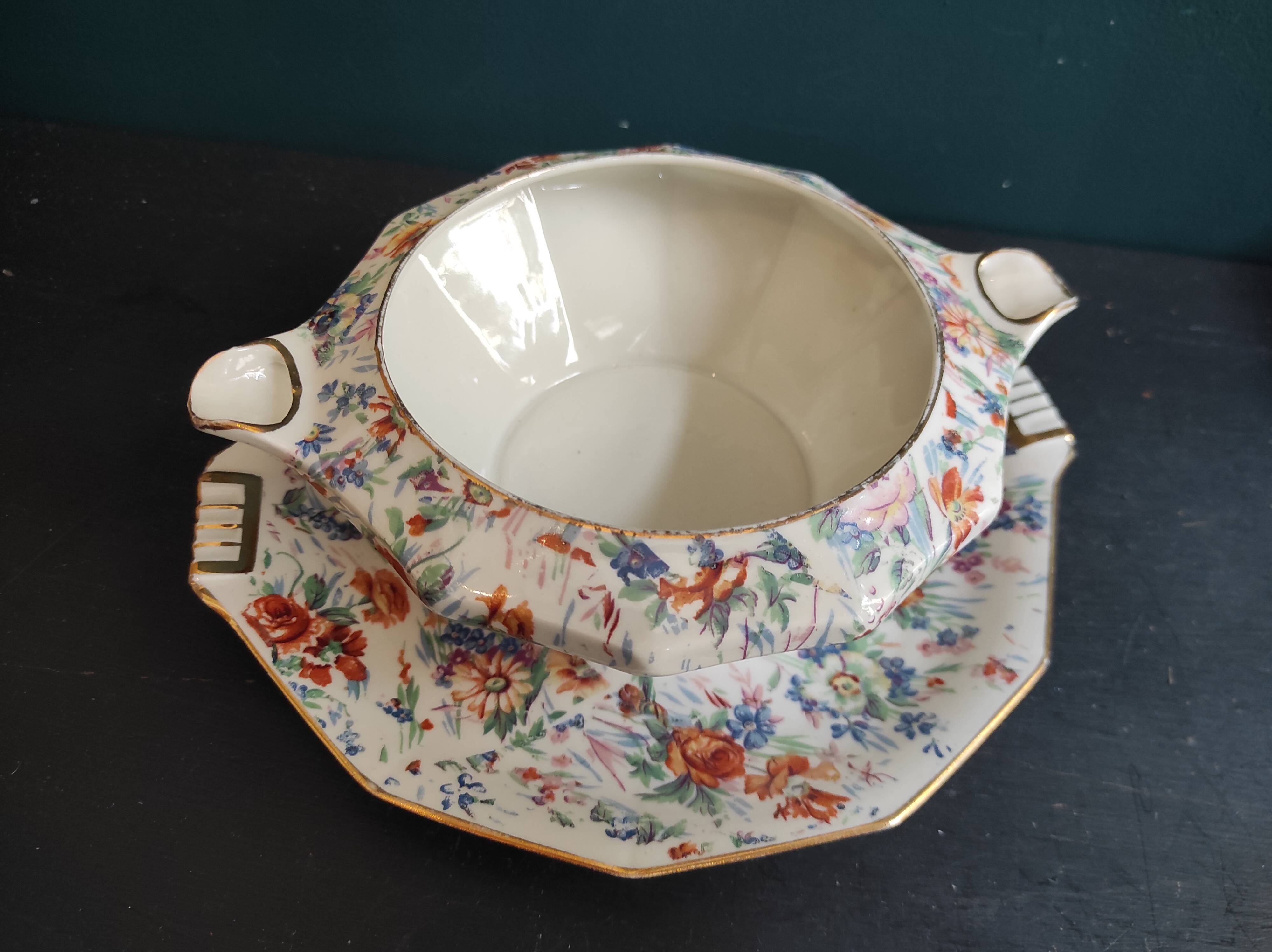 Vintage French serving sauce boat from La Tallec, Limoges, with colourful floral decoration