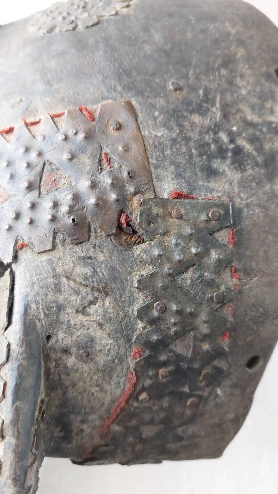 Antique African mask, carved wood and metal plates, Marka Mali