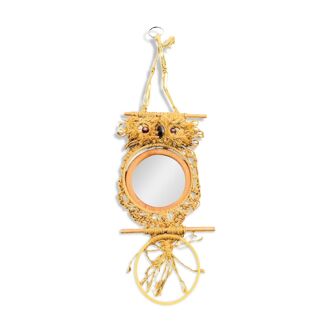 Vintage 1970s owl mirror macrame towel holder
