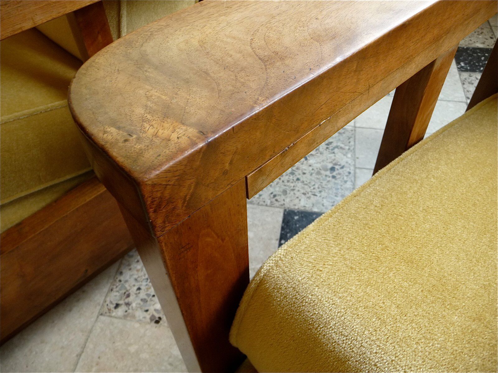 Antique Art Deco cubic-shaped armchairs in walnut and velvet, Germany, 1920s, set of 2