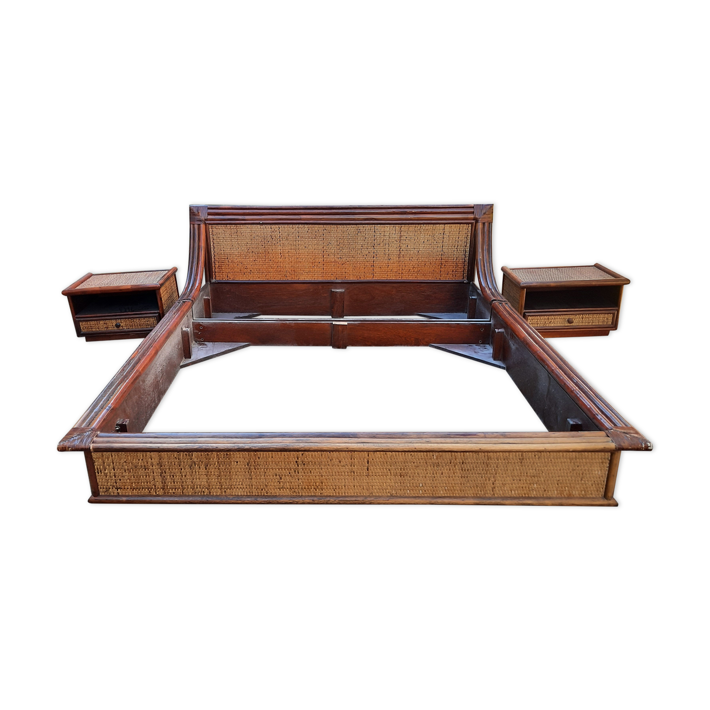 Rattan and bamboo bed and side tables