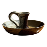 Small hand-held candle holder in two-tone brown and gray stoneware H6.5