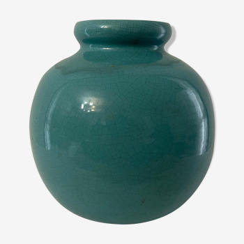 Vase boule grès émaillé turquoise première moitié de XXe