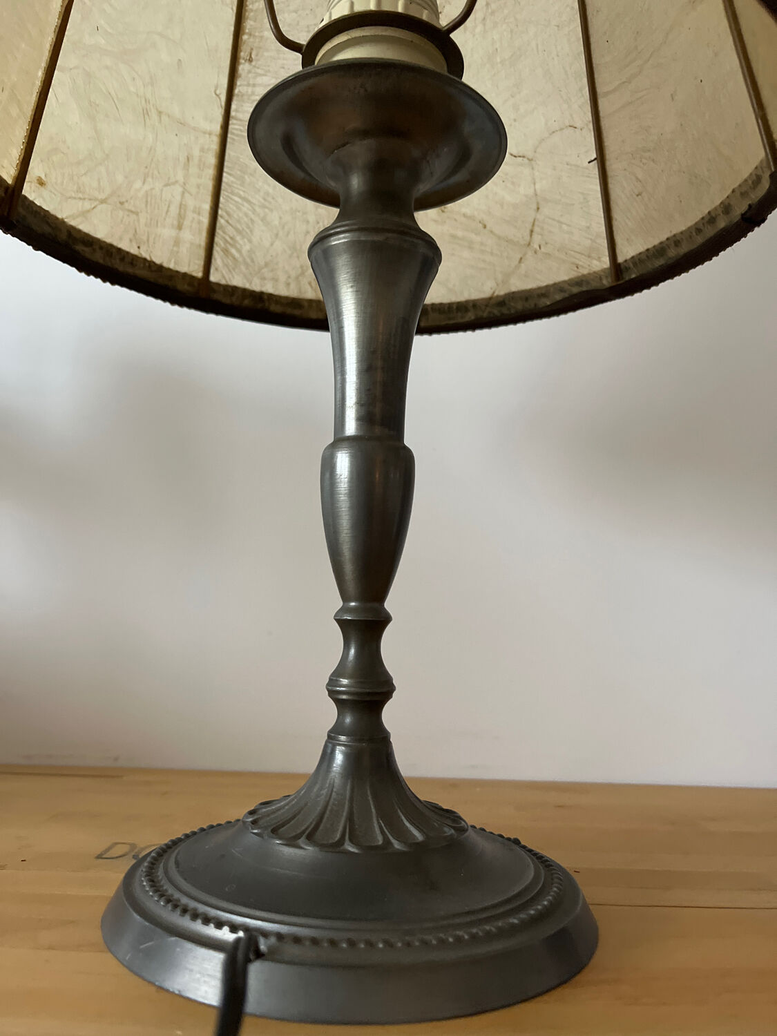 Vintage table lamp, front light, rice paper, pewter base, signed