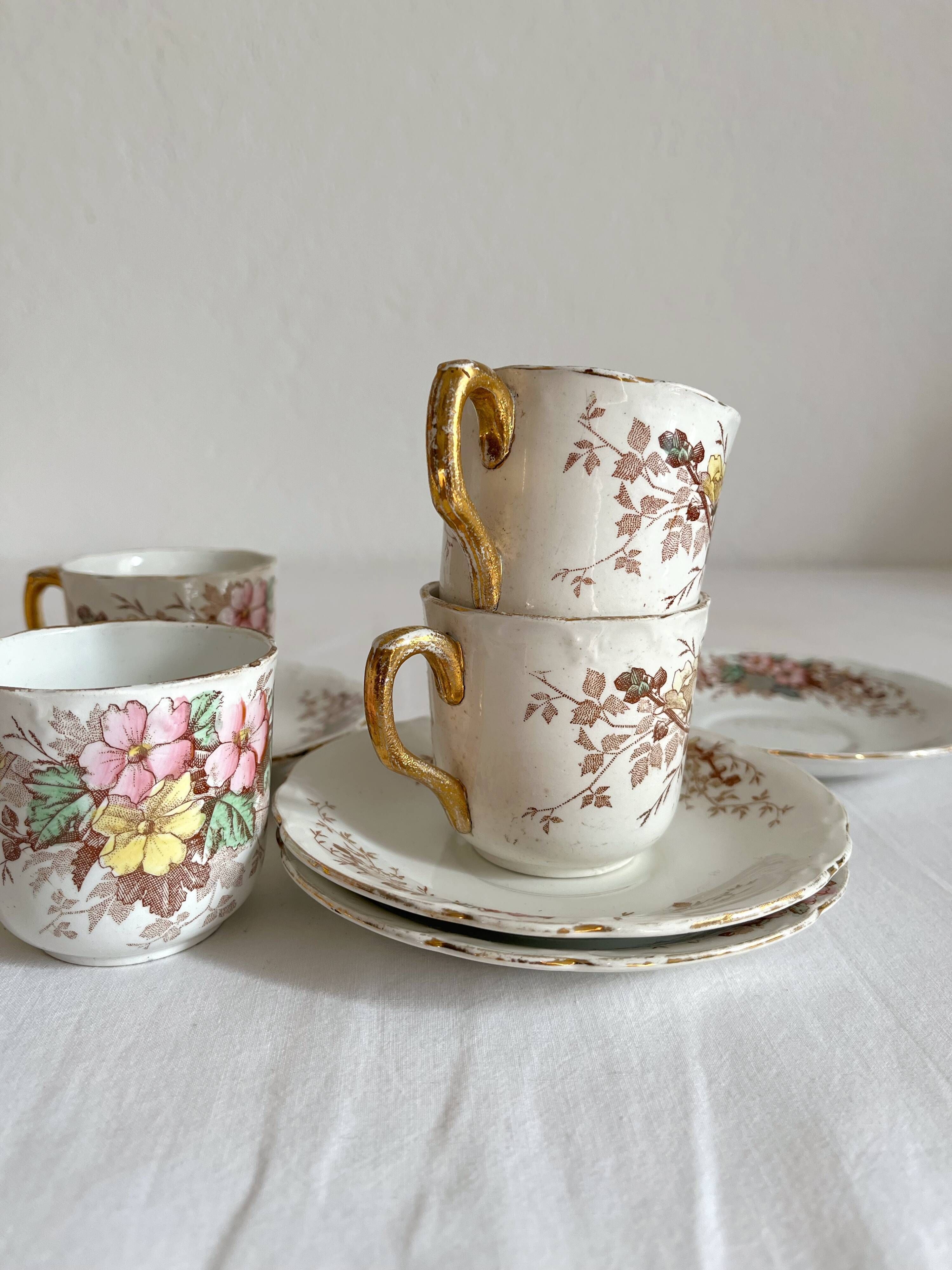 4 antique coffee cups in polychrome iron earth KG Lunéville