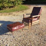 Vintage "Bain De Soleil" Armchair in Oak and Faux Leather Cushions - 20th Century