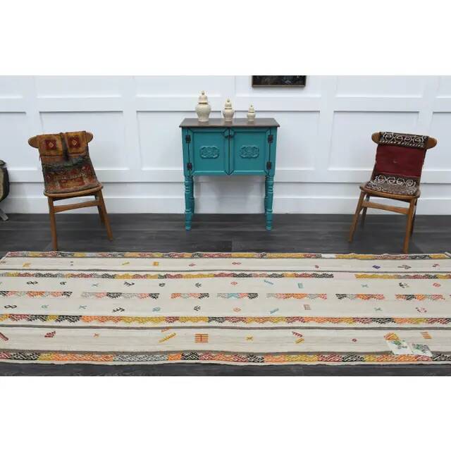 1970s Turkish Oushak Handmade Wool Cotton Beige Runner Rug 116x344