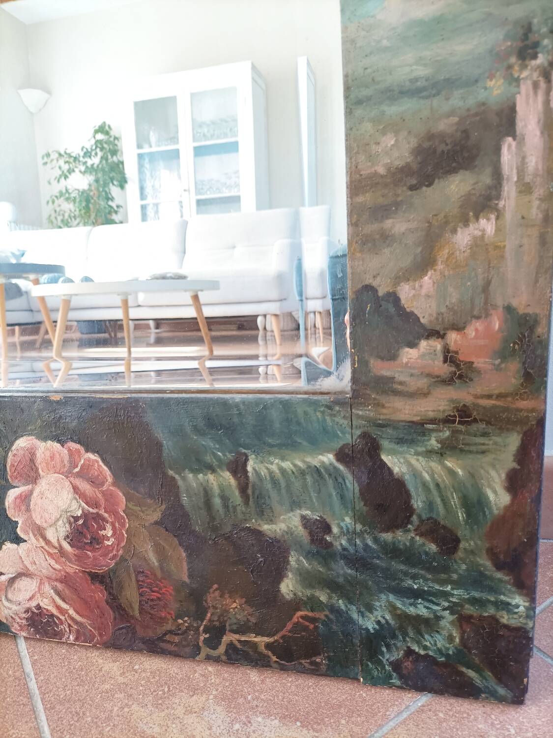 Very large mirror painted in Victorian style.