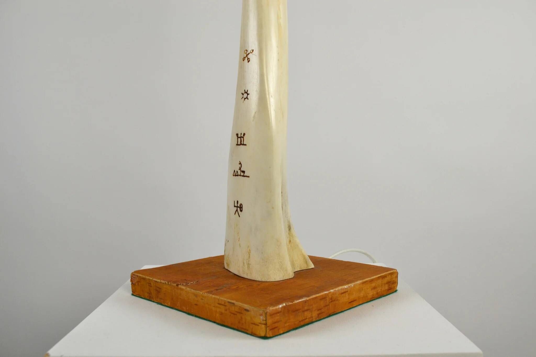 Scandinavian Studio Table Lamp in Carved Bone with Symbolic Decoration, c. 1950s–1970s