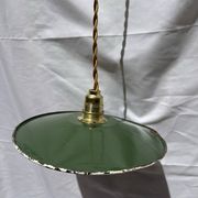 Suspension vintage indus tôle émaillée verte et blanche mini