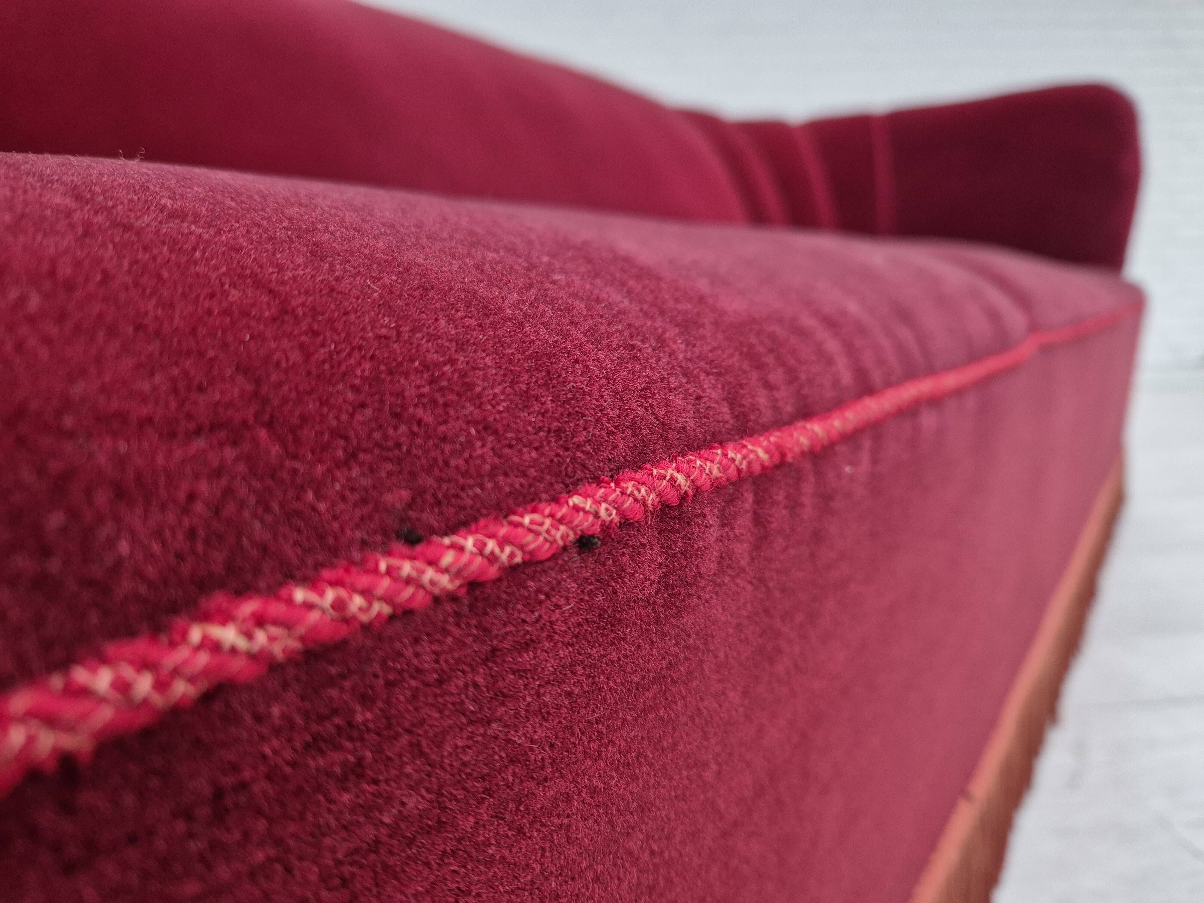 1960s, Danish 3 seater sofa, original condition, cherry-red furniture velour.
