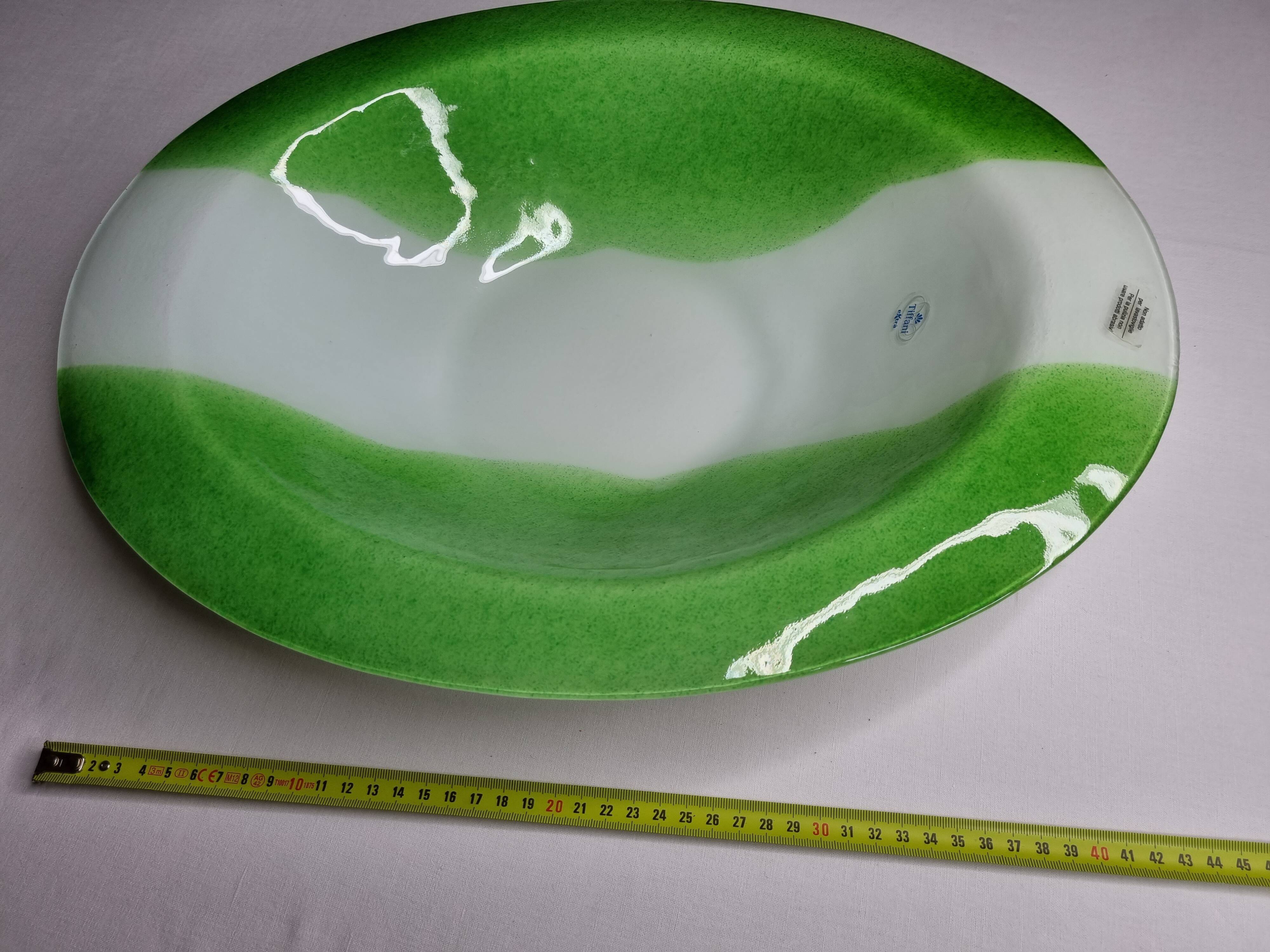 Plat décoratif ovale en pâte de verre, vert prairie et blanc, 45 cm