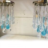 Flush mount in metal framed chrome with large clear and blue drops