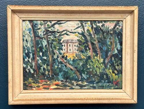 Original Swedish Oil on Panel "Houses in the Trees" Signed & Framed