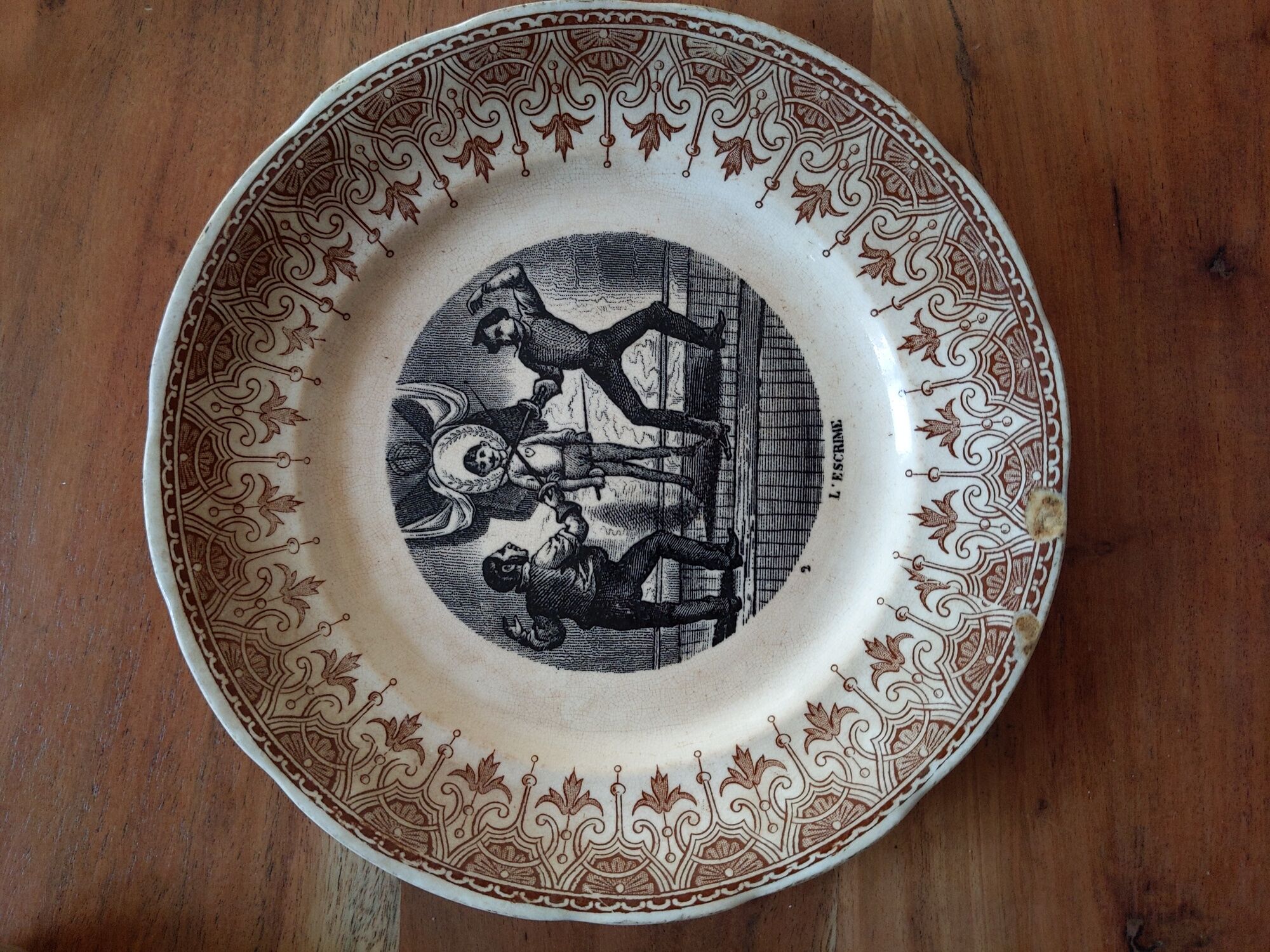 Old plate Sarreguemines porcelain iron earth fencing heart